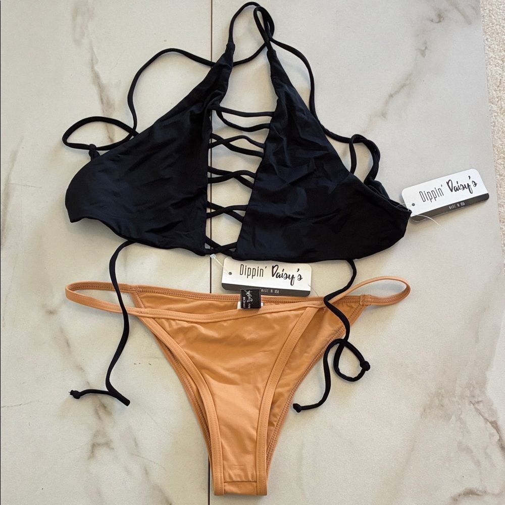 Nwt Dippin' Daisy's Black Tan Nude Lace Up Strappy Bikini